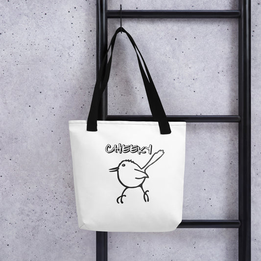<img src="bird-art.jpg" alt="Hand-drawn artwork of a  white bird with black outline with word cheeky above">