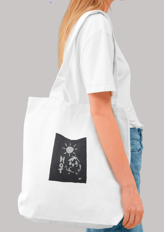 <img src="Hot Chick-tote bag.jpg" alt="light white cotton tote bag design with word HOT drawing of sun and chicken">