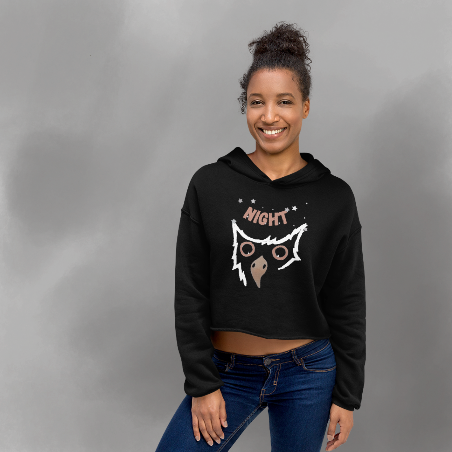<img src="Night owl abstract-art.jpg" alt="Original abstract design owl face with word Night above with white stars on black cropped jumper with hood">