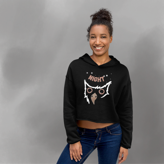 <img src="Night owl abstract-art.jpg" alt="Original abstract design owl face with word Night above with white stars on black cropped jumper with hood">