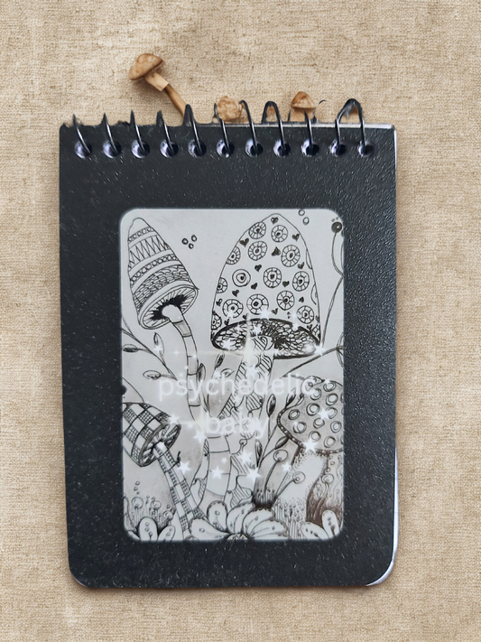 <img src="small A7 notebook.jpg" alt="original black ink drawing of magic mushroom design with psychedelic baby wording">