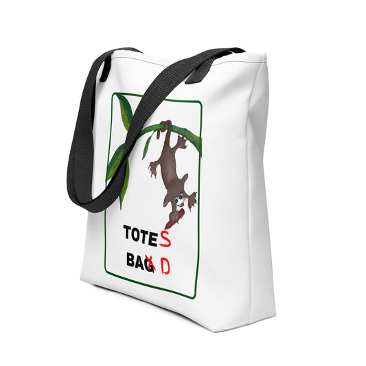 <img src="kangaroo-art.jpg" alt="white tote bag with long black handles with possum hanging upside down from gum tree with red texta graffitied name Toe Bag to Totes Bad on the white bag section">