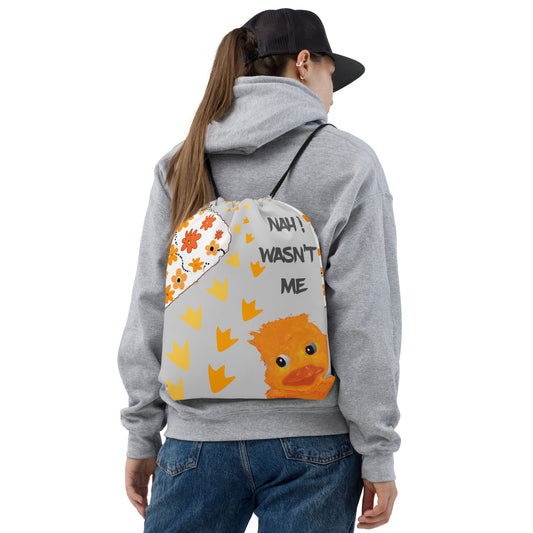 Nah! Wasn’t Me Duck Print Drawstring Bag – lightweight, cheeky Aussie design with fun slogan. Perfect quirky gift or everyday carry bag.