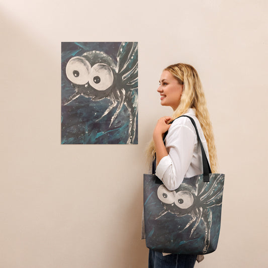 <img src="mosquito design-tote bag.jpg" alt="Original painted design of mosquito with big eyes on black and blue background all over print tote bag ">