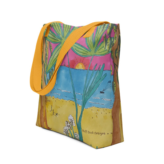 <img src="Aussie beach-art tote bag.jpg" alt="original drawing pen and colouful texta artwork of a beautiful sunset with couple walking dog on beach all over printed tote bag">