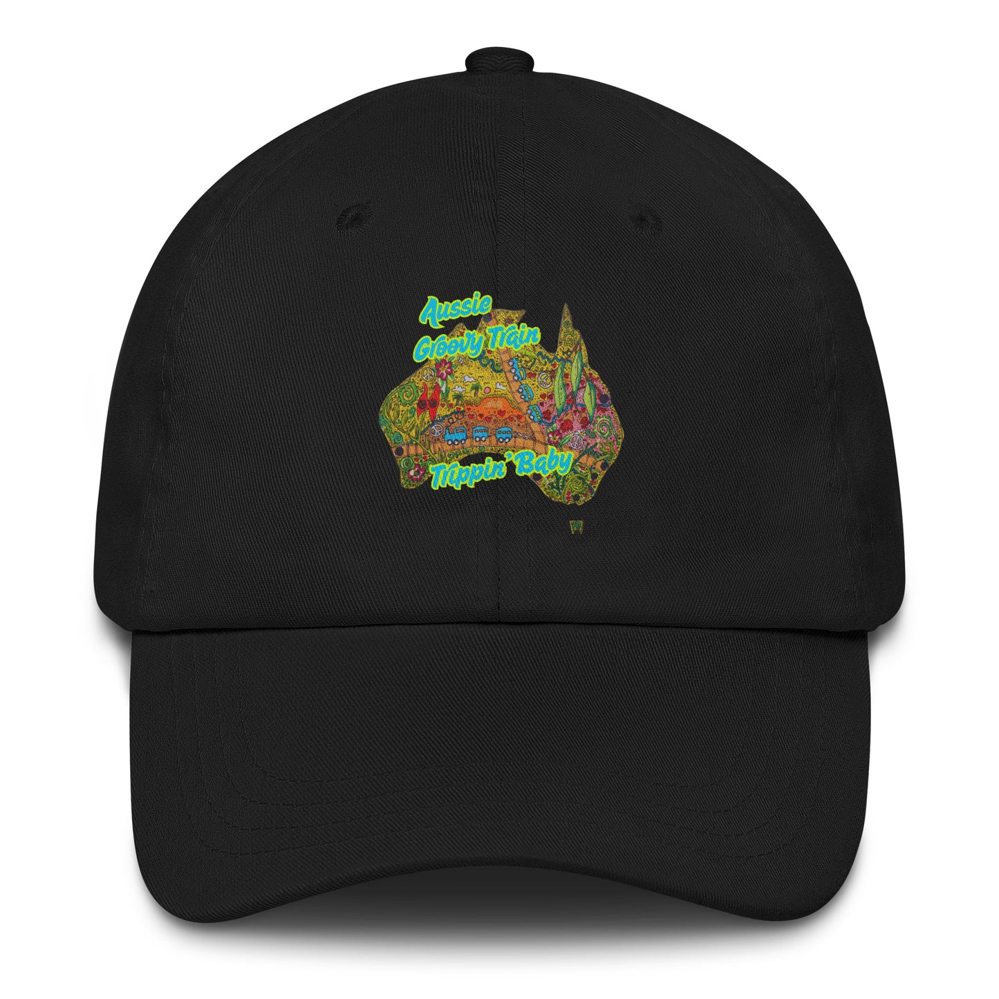 Retro Aussie Groovy Train Trippin' Baby Hat – Vintage 70s Style Aussie Cap with Colourful Train Print