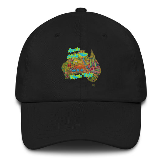 Retro Aussie Groovy Train Trippin' Baby Hat – Vintage 70s Style Aussie Cap with Colourful Train Print