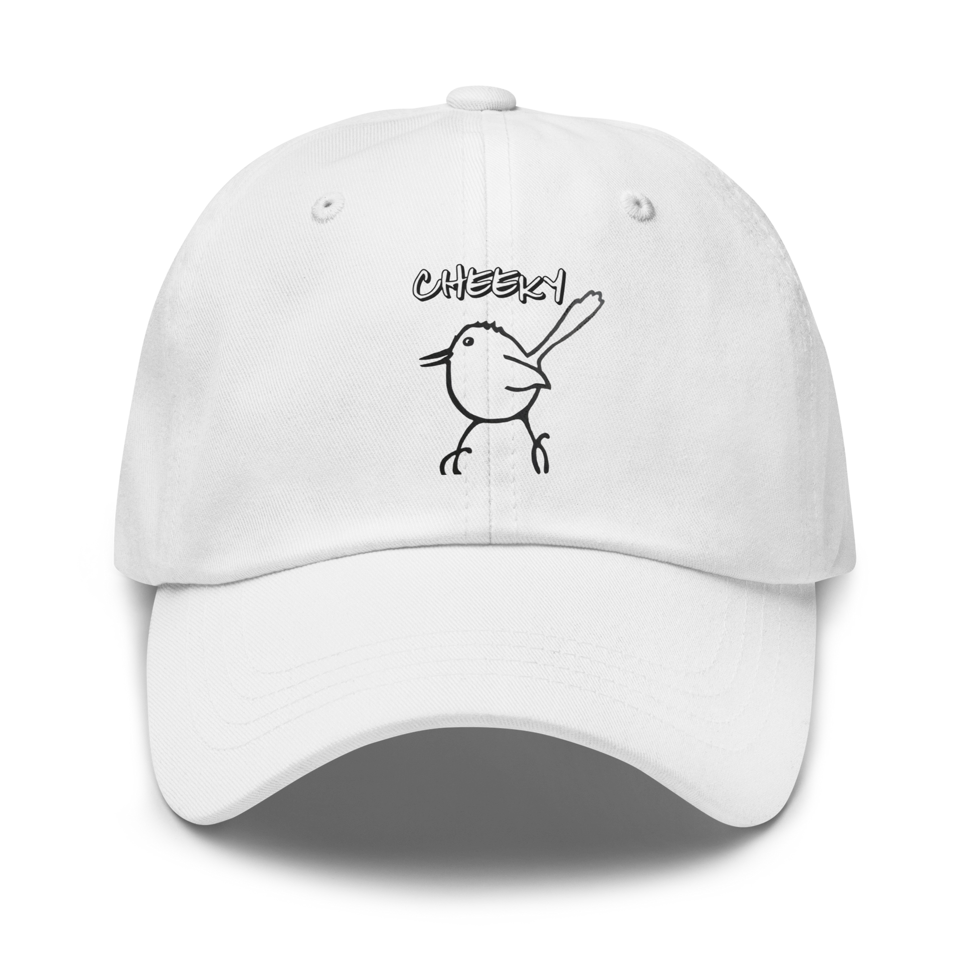 Cheeky Bird cap – white, pink or stone colour, adjustable curved visor hat with original Aussie humour artwork by Ruff Duck Designs