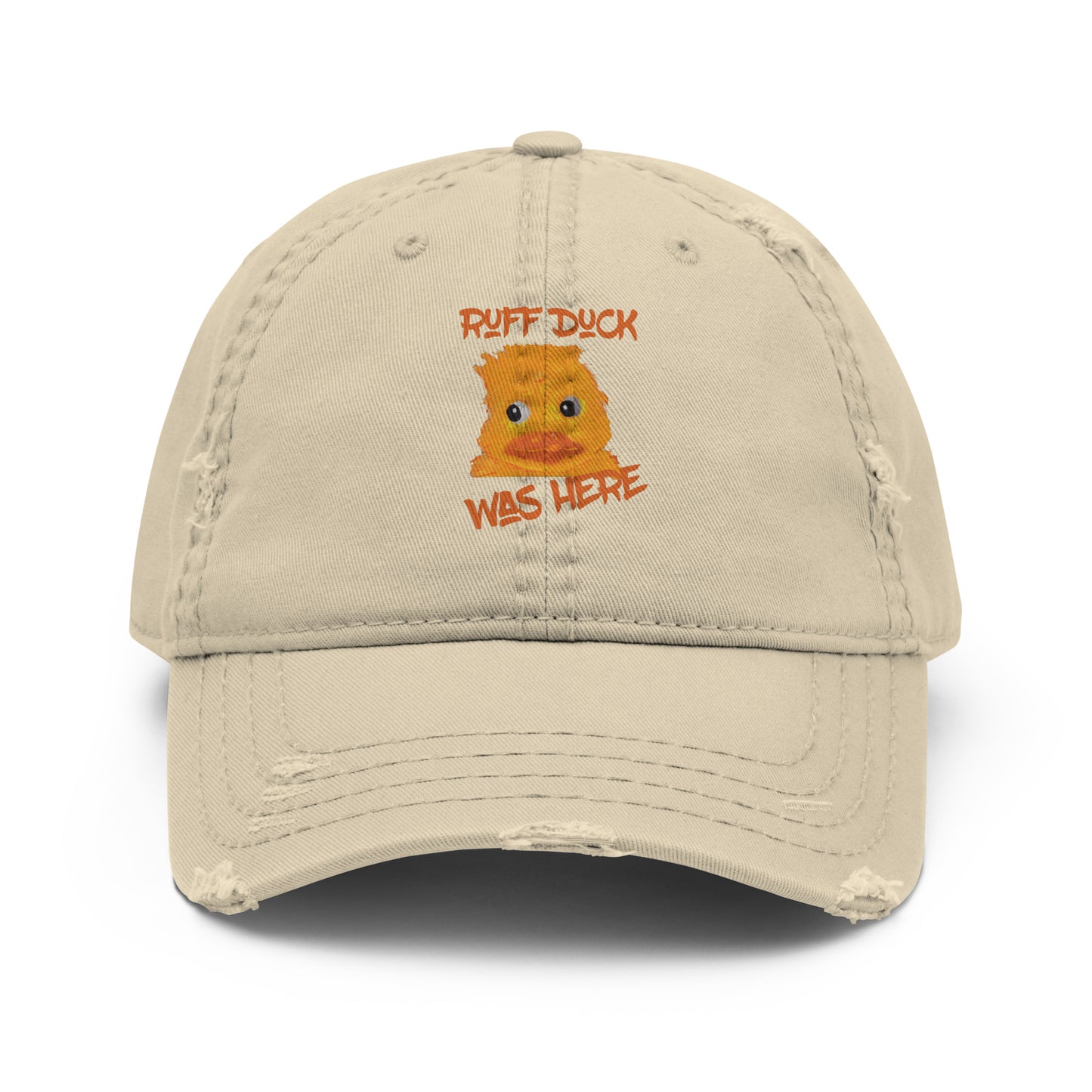 Distressed black , blue, grey or khaki baseball cap with white ‘Ruff Duck Was Here’ design – original Aussie artwork, adjustable strap, vintage-style hat.
