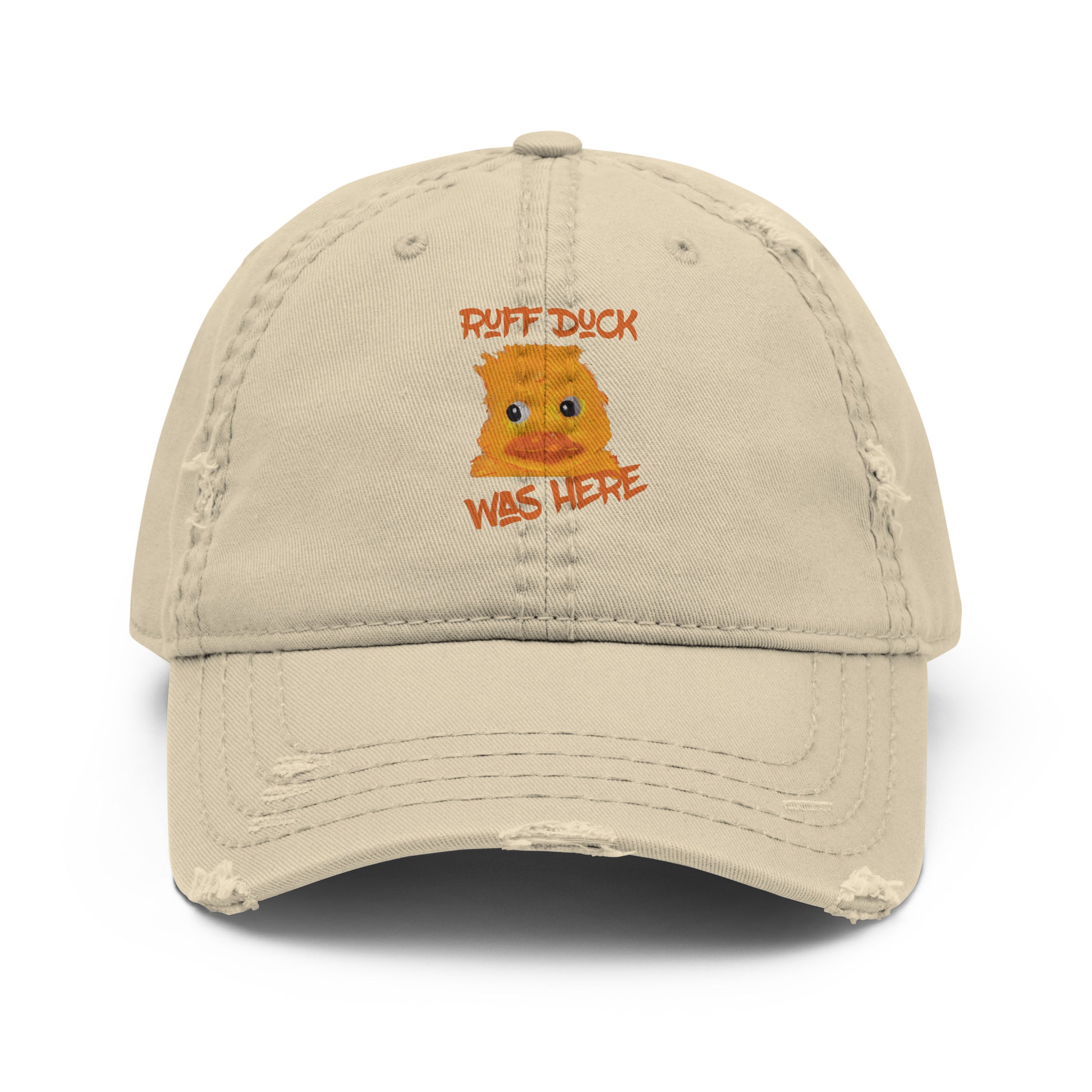 Distressed black , blue, grey or khaki baseball cap with white ‘Ruff Duck Was Here’ design – original Aussie artwork, adjustable strap, vintage-style hat.