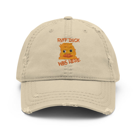 Distressed black , blue, grey or khaki baseball cap with white ‘Ruff Duck Was Here’ design – original Aussie artwork, adjustable strap, vintage-style hat.