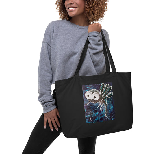 <img src="black mozzie print bag-art.jpg" alt="original painting design of mosquito with big eyes with blue purple background">