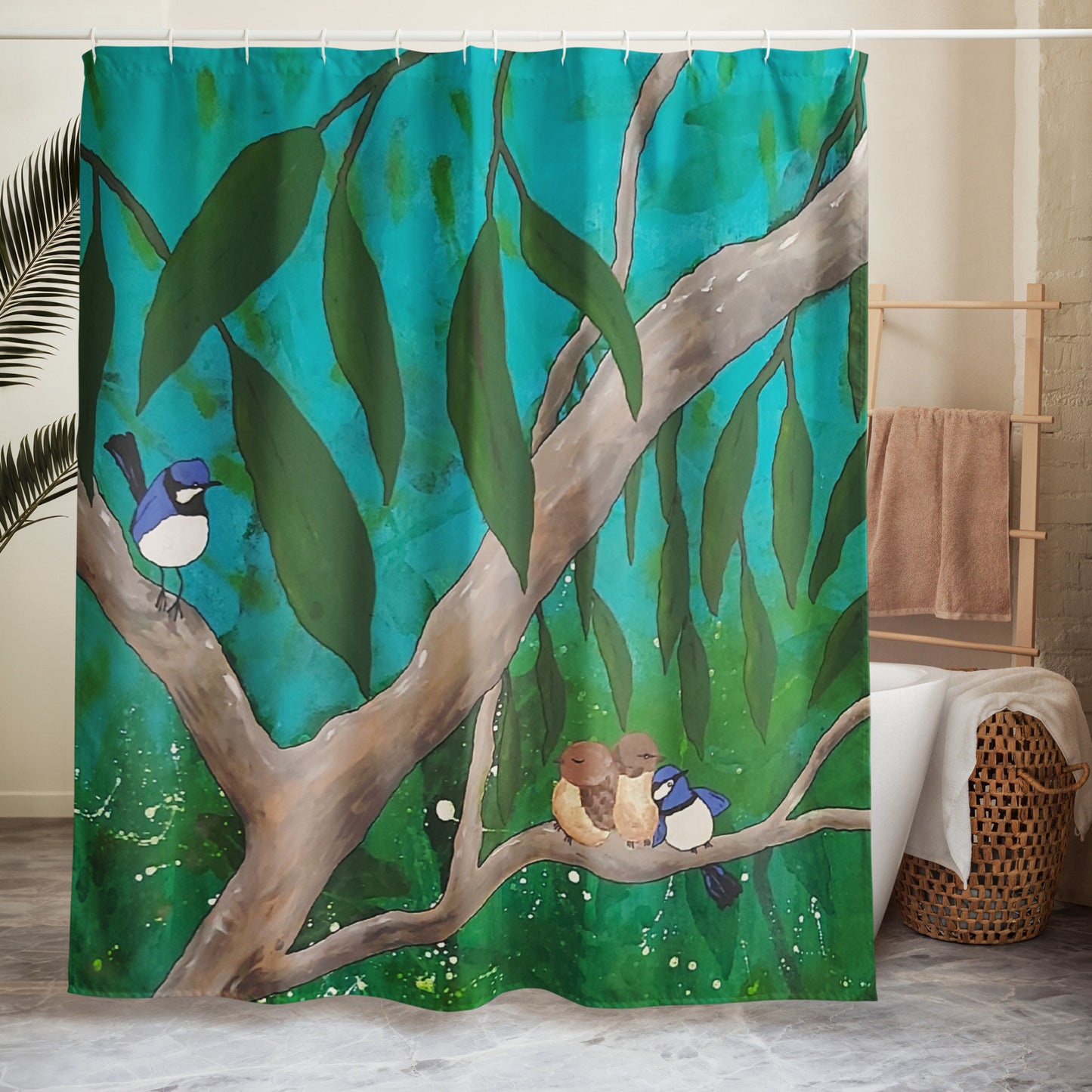 Australian fairy wren shower curtain eaturing vibrant green leaves and soft grey gum tree tones