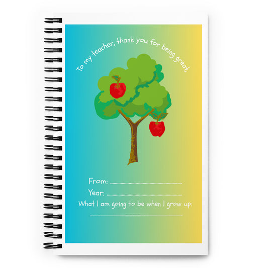 <img src="teacher thank you notebook.jpg" alt="spiral bound note book for teacher with apple tree red apples on front cover with section for child to write message">