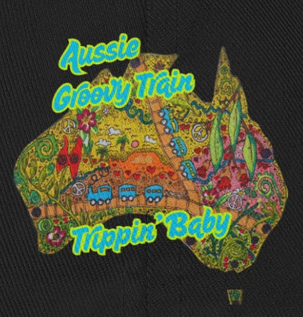Retro Aussie Groovy Train Trippin' Baby Hat – Vintage 70s Style Aussie Cap with Colourful Train Print