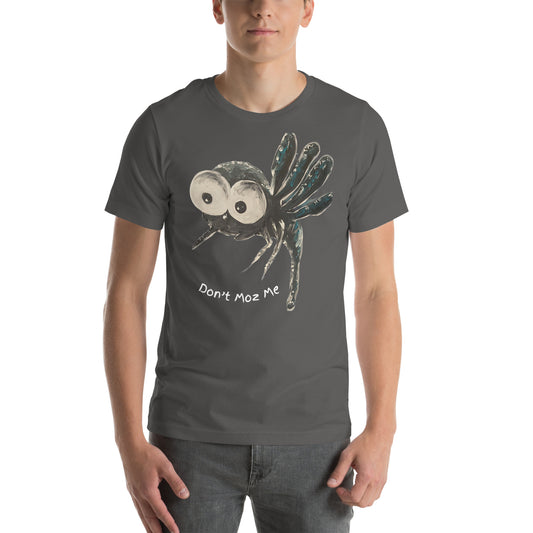 <img src="dark grey  tshirt with Dont Moz me slogan.jpg" alt="Hand-painted mosquito with big eyes and slogan Dont moz me on tshirt">