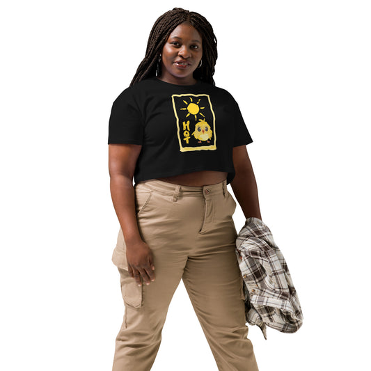 <img src="womens crop short sleeve jumper.jpg" alt="black crop tshirt with cartoon like mozzie with big eyes design">