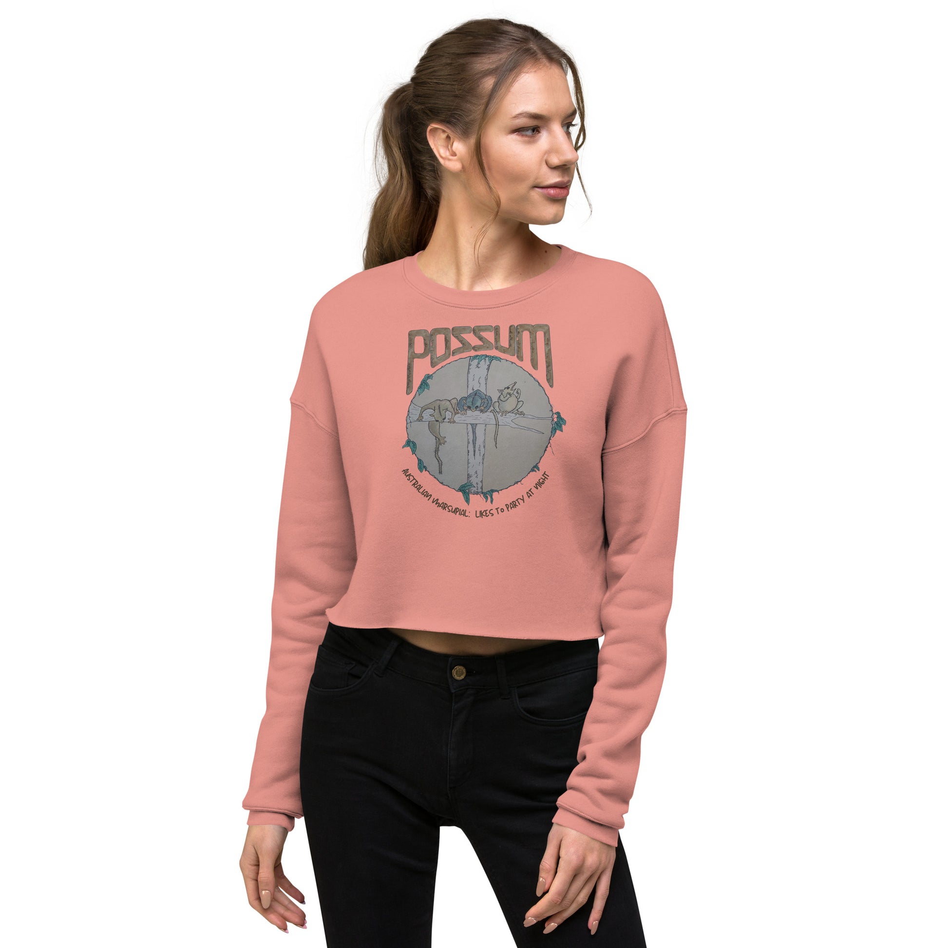 womens-cropped-sweatshirt-mauve-front-possum having party-amongst gumtrees