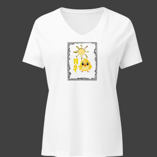 <img src="hot chick white tshirt.jpg" alt="white short sleeve tshirt with yellow sun, word HOT, picture of yellow baby chicken ">
