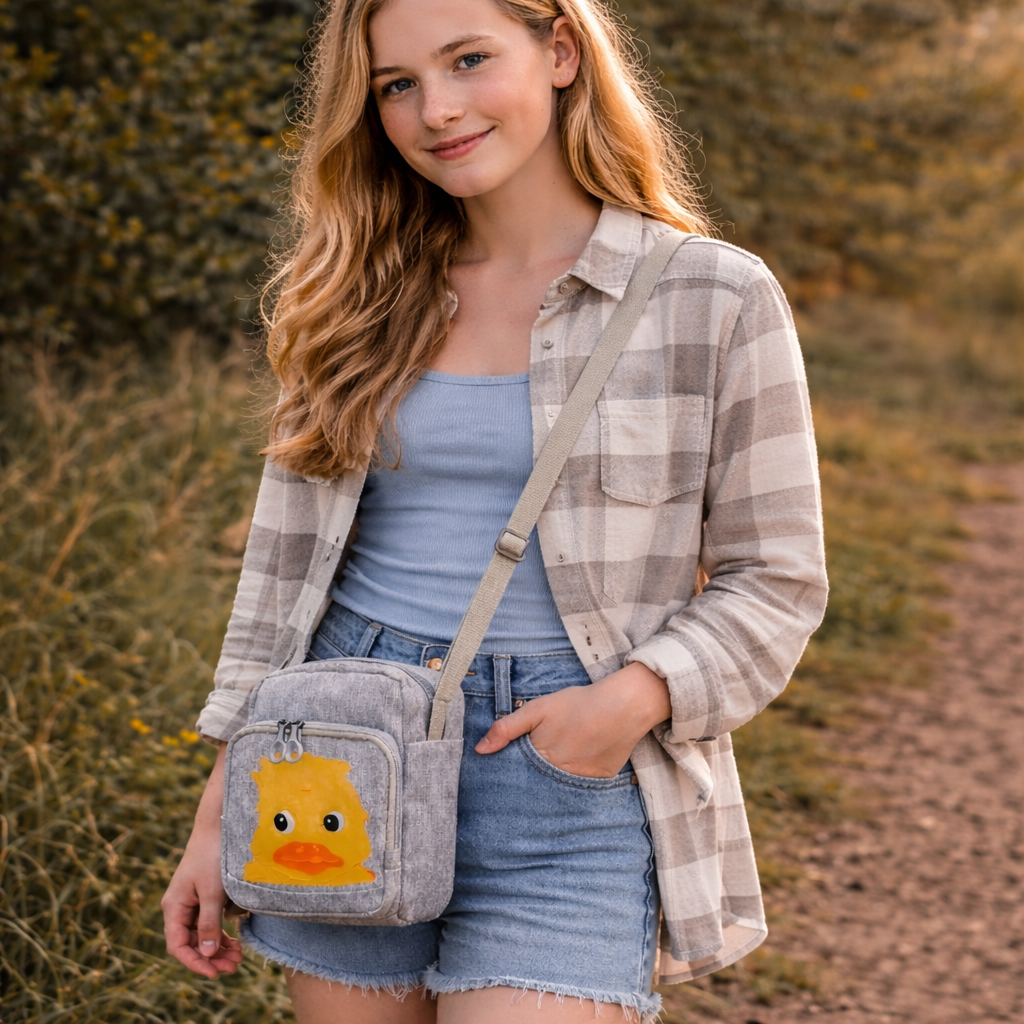 Picture of teenager with Ruff Duck Was Here RFID secure crossbody travel bag. Picture of duck on front and the words Ruff Duck Was Here on back in graffiti style font