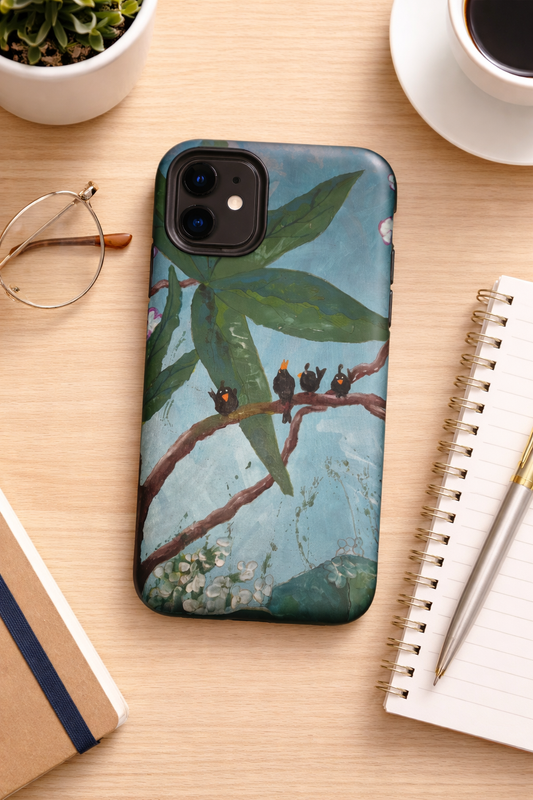 Tough iPhone case with blackbirds in tree artwork aqua blue sky
