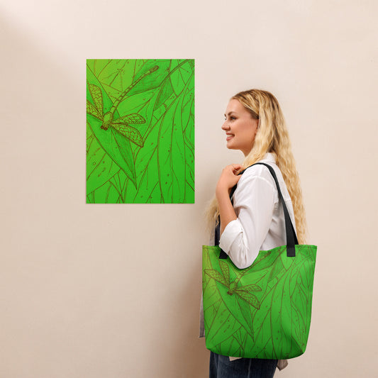 <img src="dragon fly gum leaf-tote bag.jpg" alt="Hand-drawn design artwork of a dragon fly surrounded by native Australian gum leaves">
