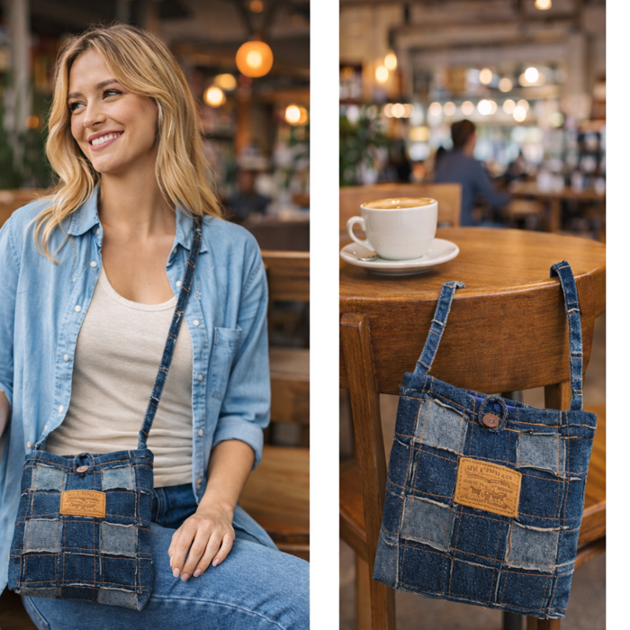 Woman holding a denim patchwork bag in a cafe setting. Unique sustainable denim handbag made from repurposed jeans