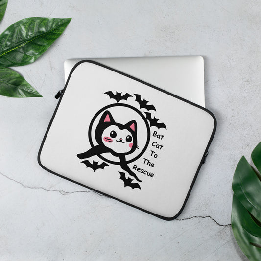 <img src="bat cat super hero laptop sleeve-art.jpg" alt="Bat cat super hero design with white cat and black cape with black bats flying in background">