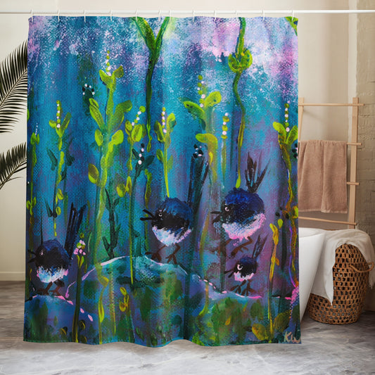 Fairy wrens shower curtain with aqua background and green foliage artwork