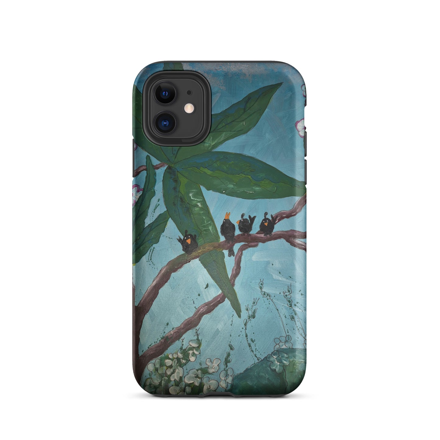 Tough iPhone case with blackbirds in tree artwork aqua blue sky