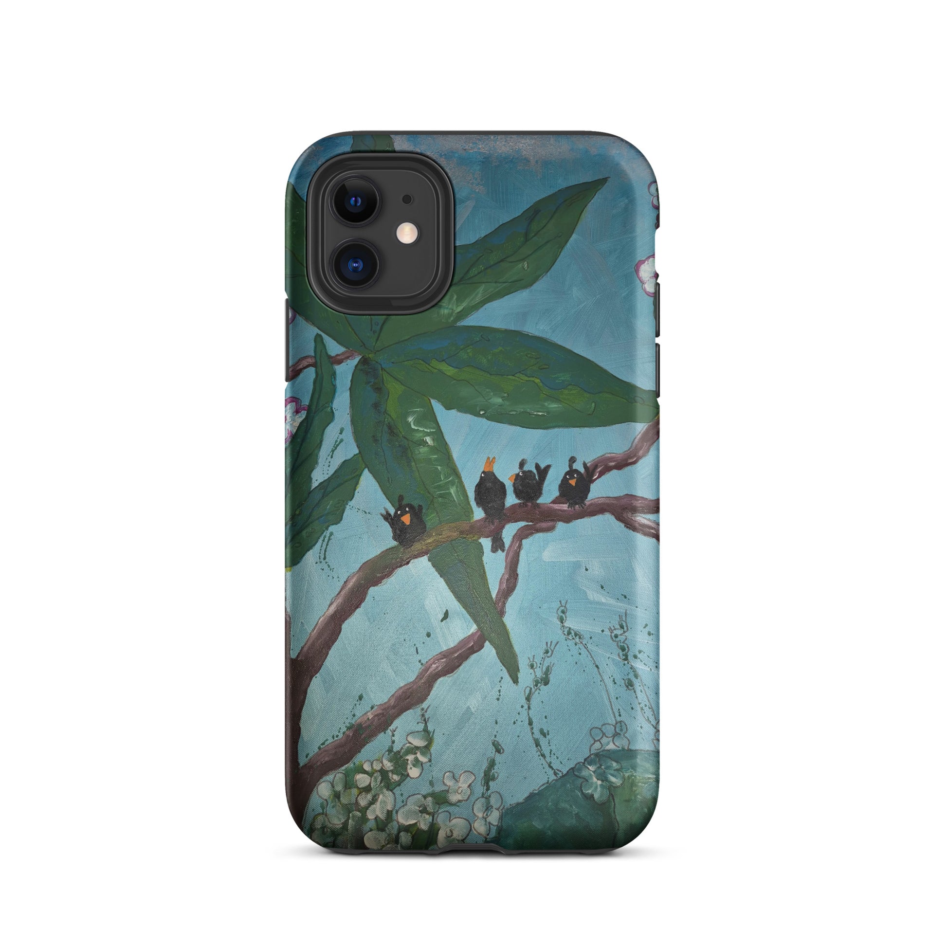 Tough iPhone case with blackbirds in tree artwork aqua blue sky