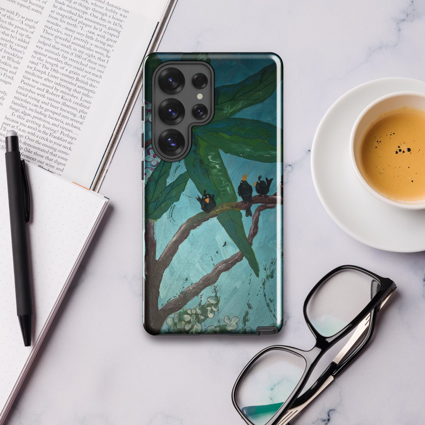Tough Samsung phone case featuring blackbirds in tree artwork with aqua blue sky, durable protective case with Australian design