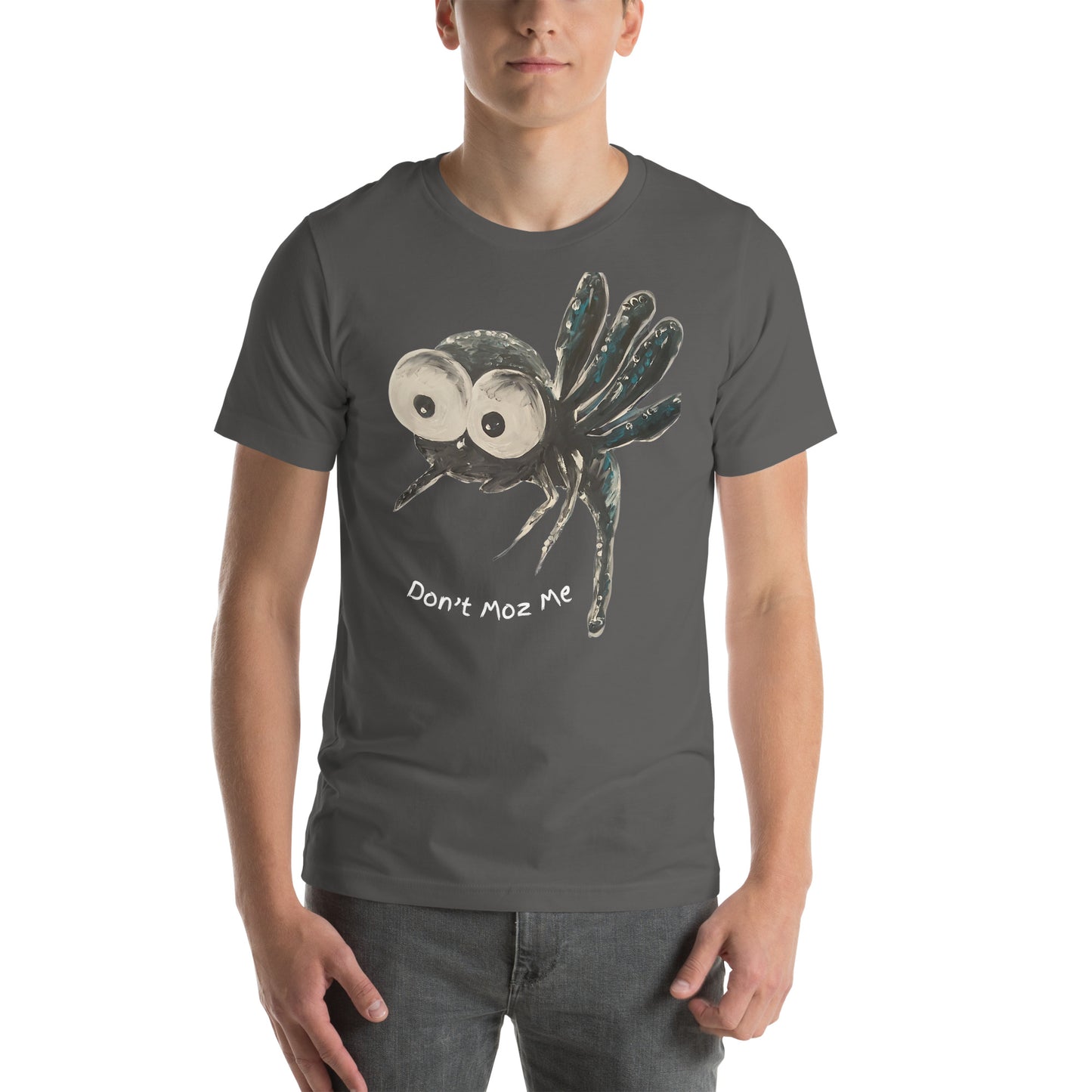 <img src="dark grey  tshirt with Dont Moz me slogan.jpg" alt="Hand-painted mosquito with big eyes and slogan Dont moz me on tshirt"> 