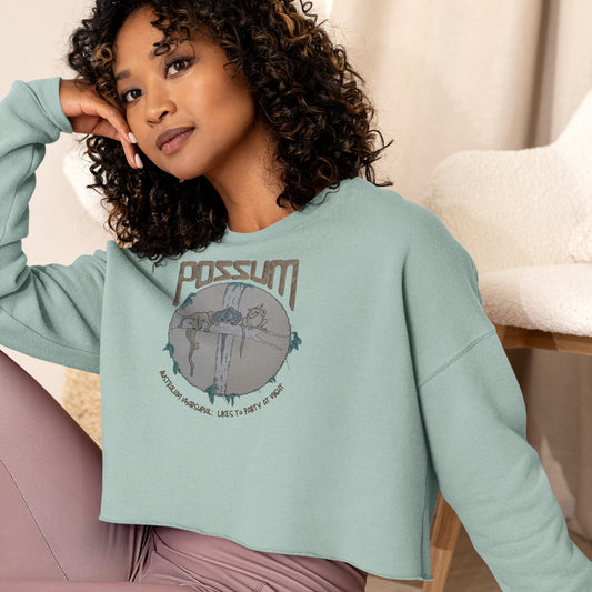 <img src="womens crop long sleeve jumper.jpg" alt="Dusty blue crop jumper with three possum on branch party at night design">