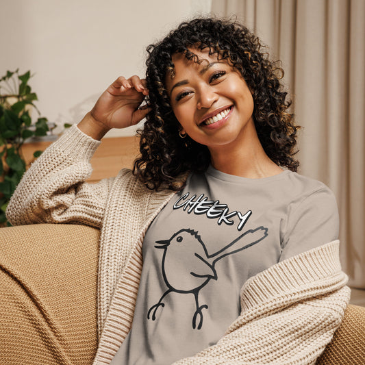 Woman wearing Cheeky Bird relaxed fit t-shirt with Australian graphic design styled casually for everyday wear
